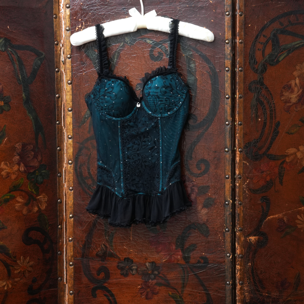 Soleil Sucre Black Teal Ruffled Embroidered Bustier Corset 30B